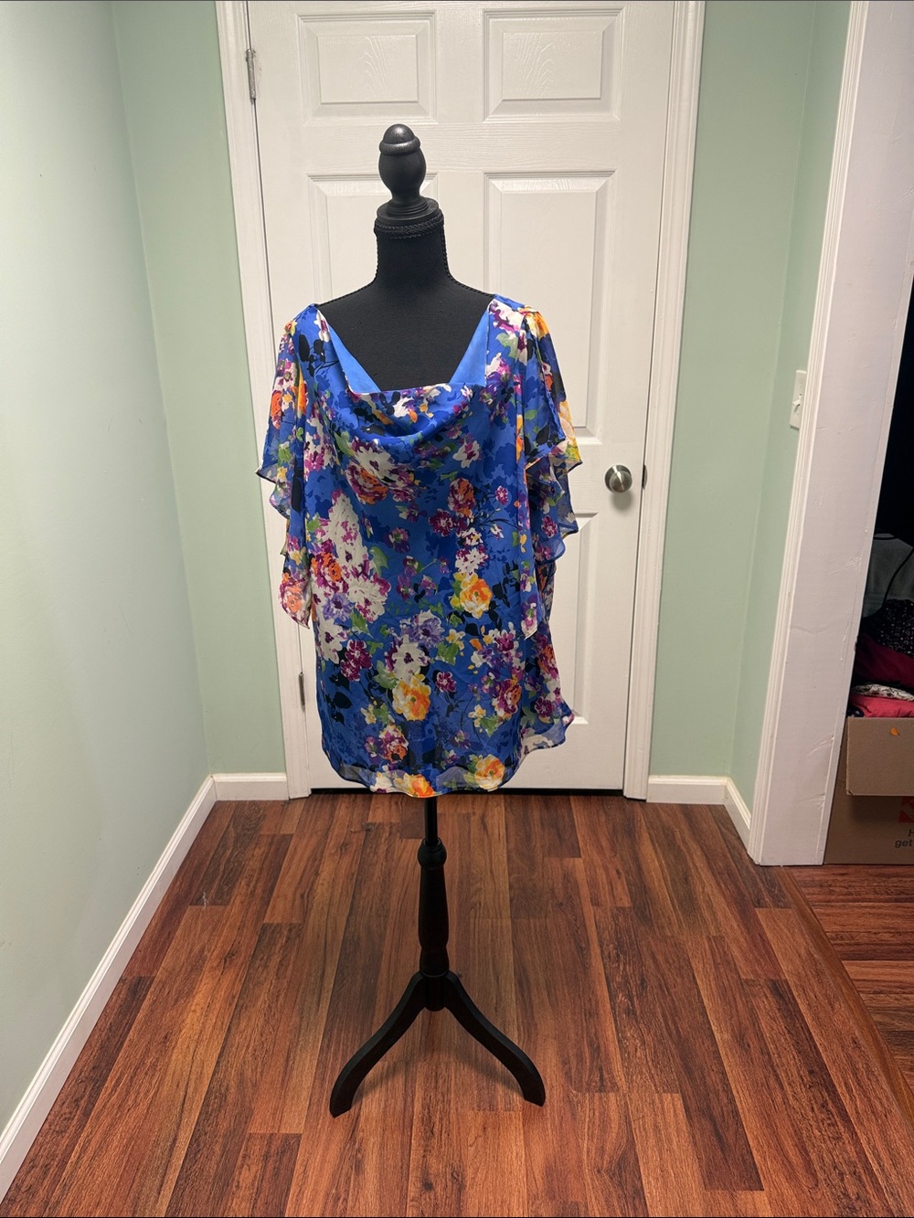 Julian Taylor Royal Blue Floral Cowl Neck Blouse